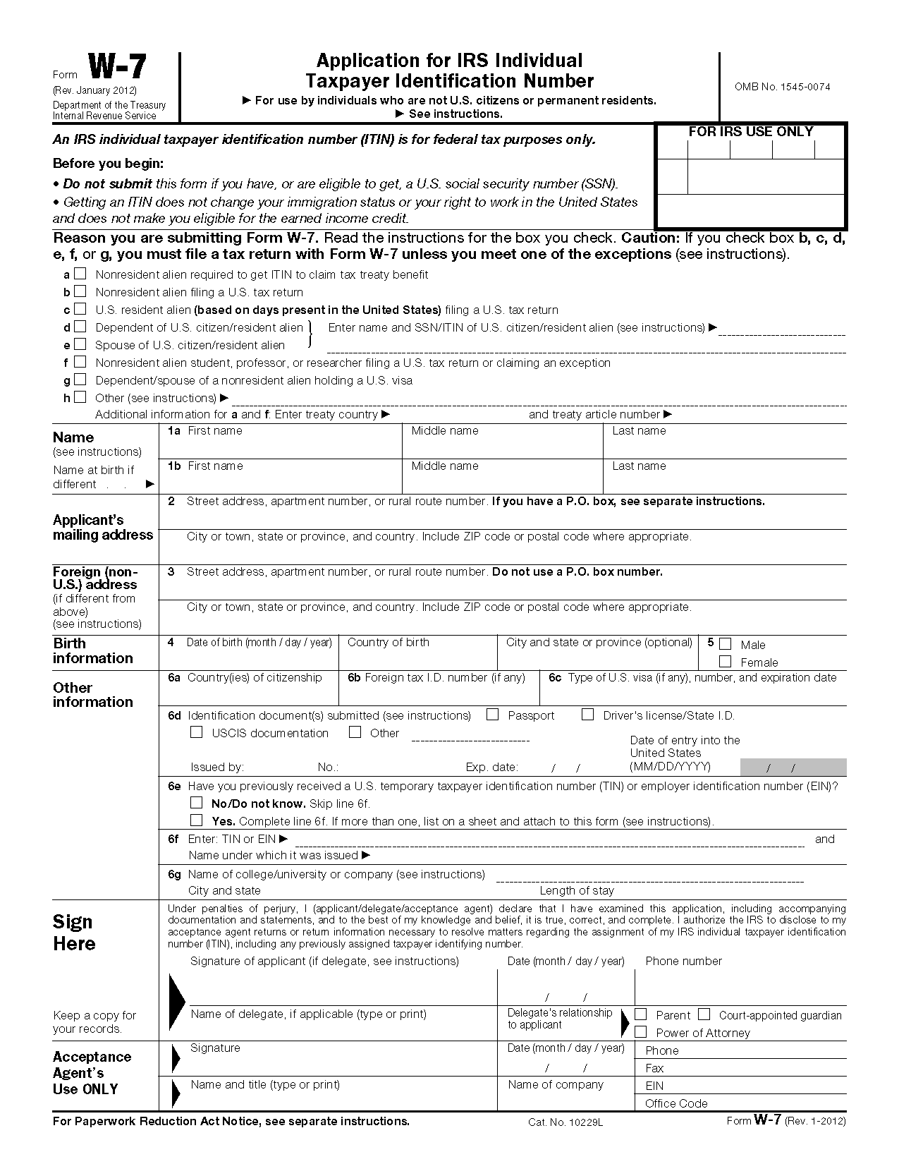 Form W 7 Application For IRS Individual Taxpayer 