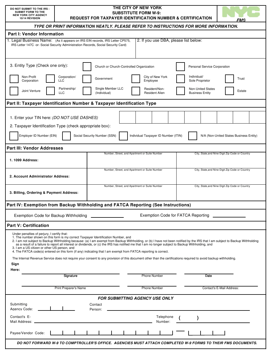 New York City Substitute Form W 9 Request For Taxpayer 